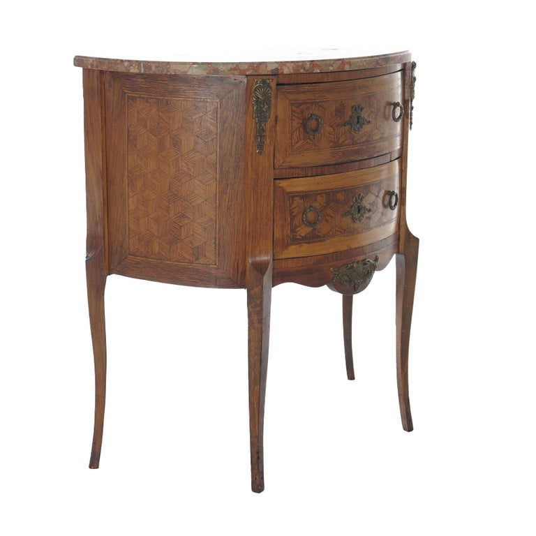 AntiqueFrench Demilune Kingwood, Satinwood & Spécimen Marble Side Table c1920
