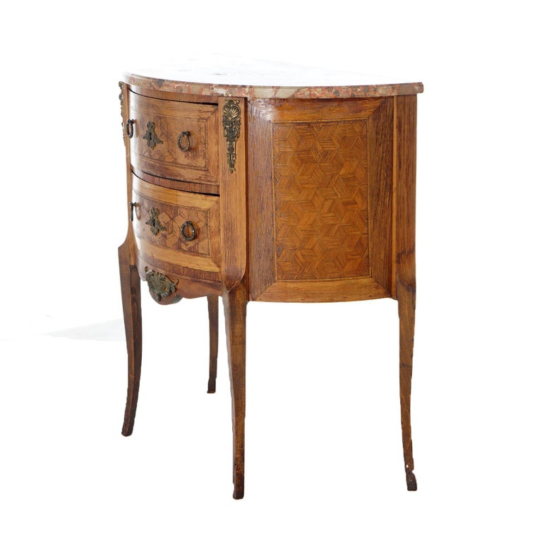 AntiqueFrench Demilune Kingwood, Satinwood & Spécimen Marble Side Table c1920