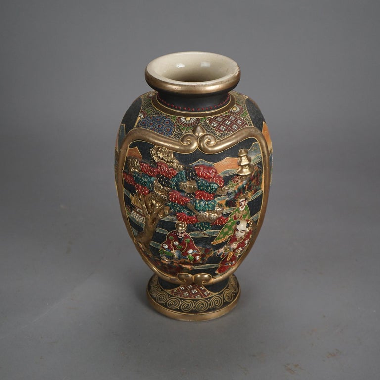 Antique Japanese Satsuma Gilt & Embossed Figural Pottery Vase C1930