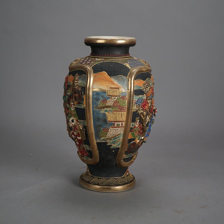 Antique Japanese Satsuma Gilt & Embossed Figural Pottery Vase C1930