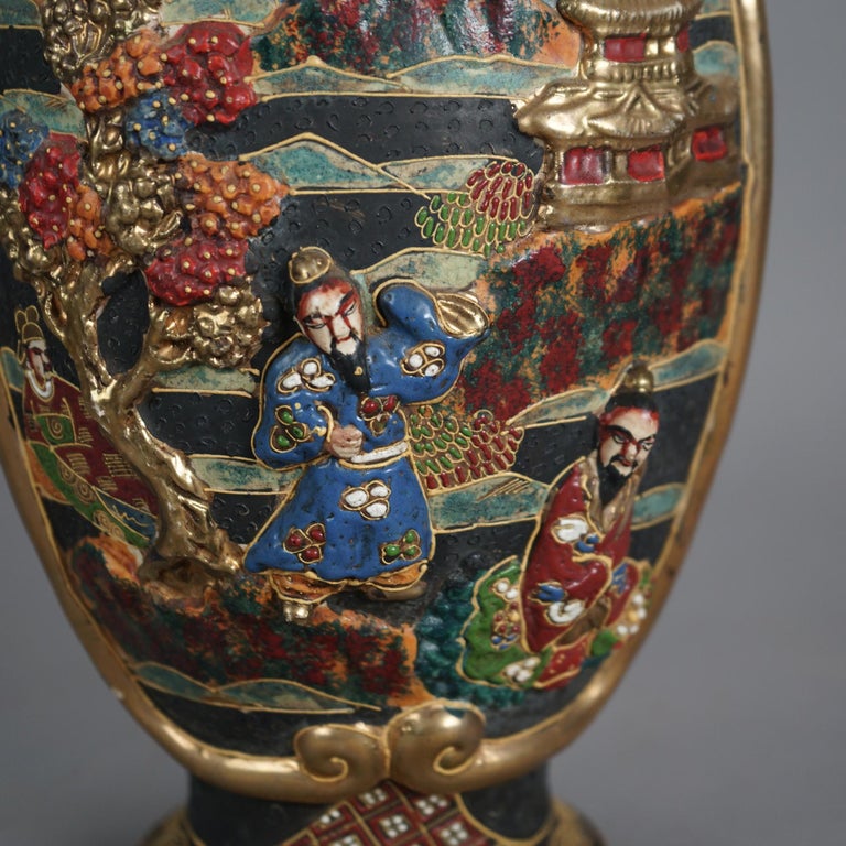 Antique Japanese Satsuma Gilt & Embossed Figural Pottery Vase C1930