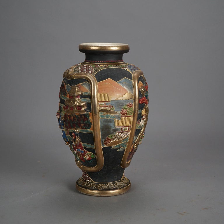 Antique Japanese Satsuma Gilt & Embossed Figural Pottery Vase C1930