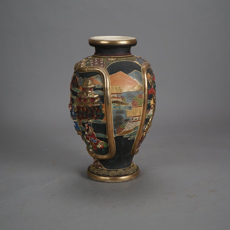 Antique Japanese Satsuma Gilt & Embossed Figural Pottery Vase C1930