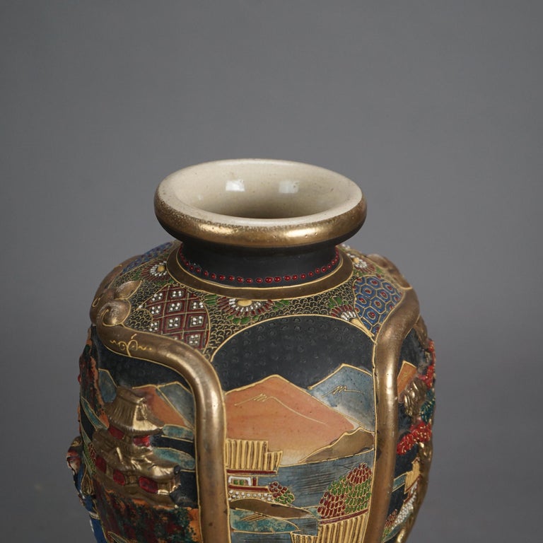 Antique Japanese Satsuma Gilt & Embossed Figural Pottery Vase C1930