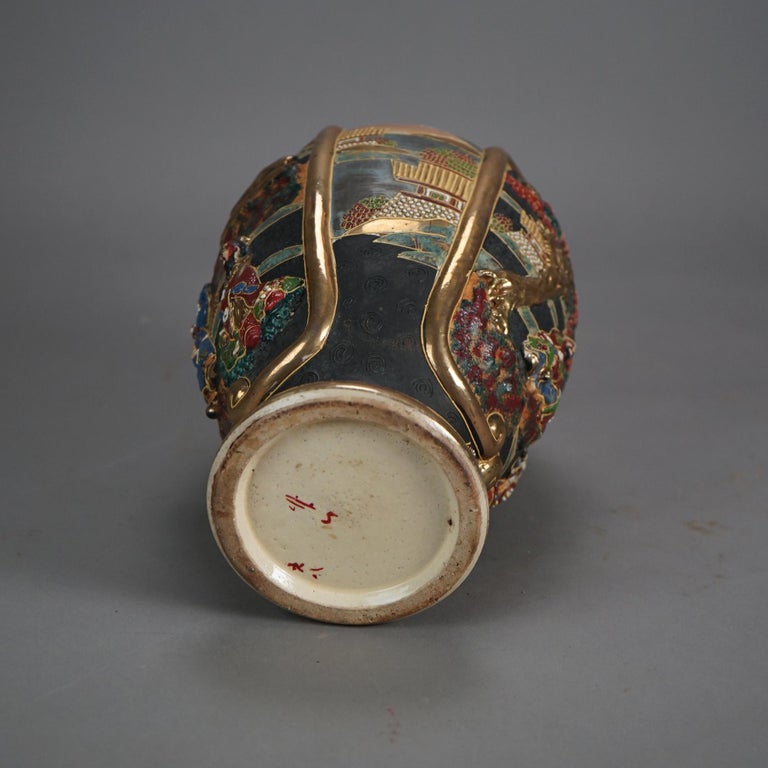 Antique Japanese Satsuma Gilt & Embossed Figural Pottery Vase C1930
