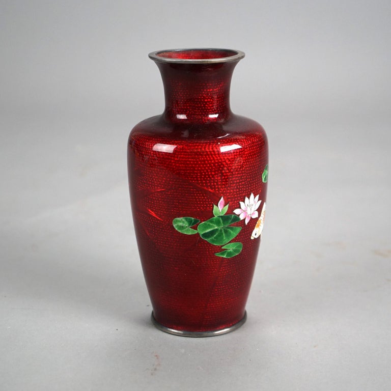 Antique Japanese Cloisonne Enameled Vase with Koi Fish Decoration C1930