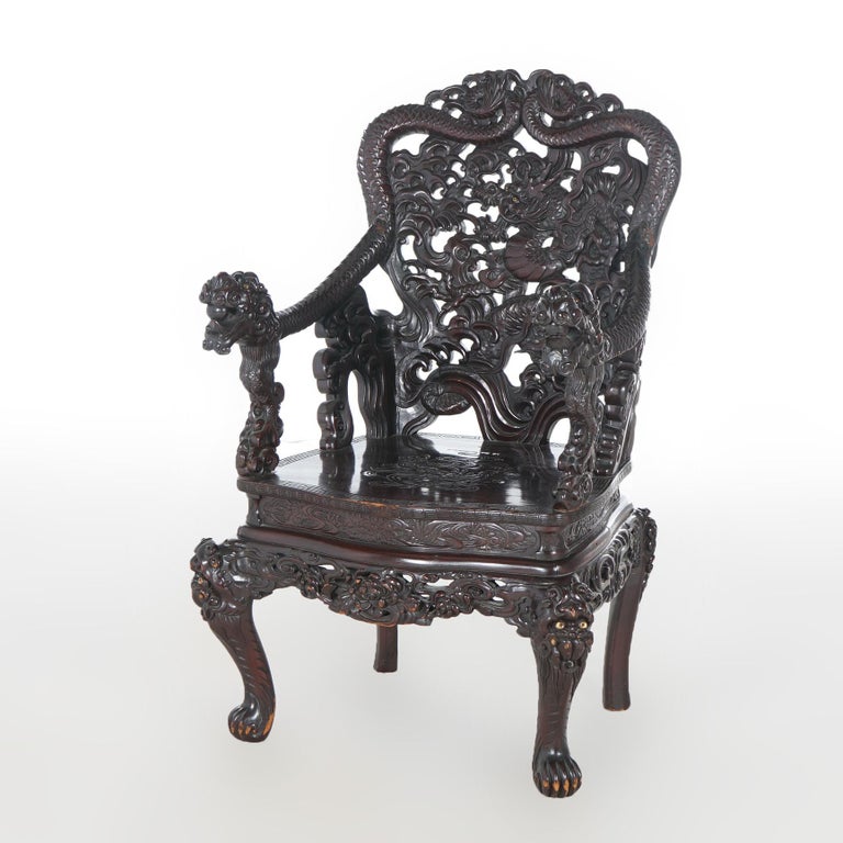 Antique Chinese Deeply Carved Rosewood Figural Queen Chair with Dragons C1920
