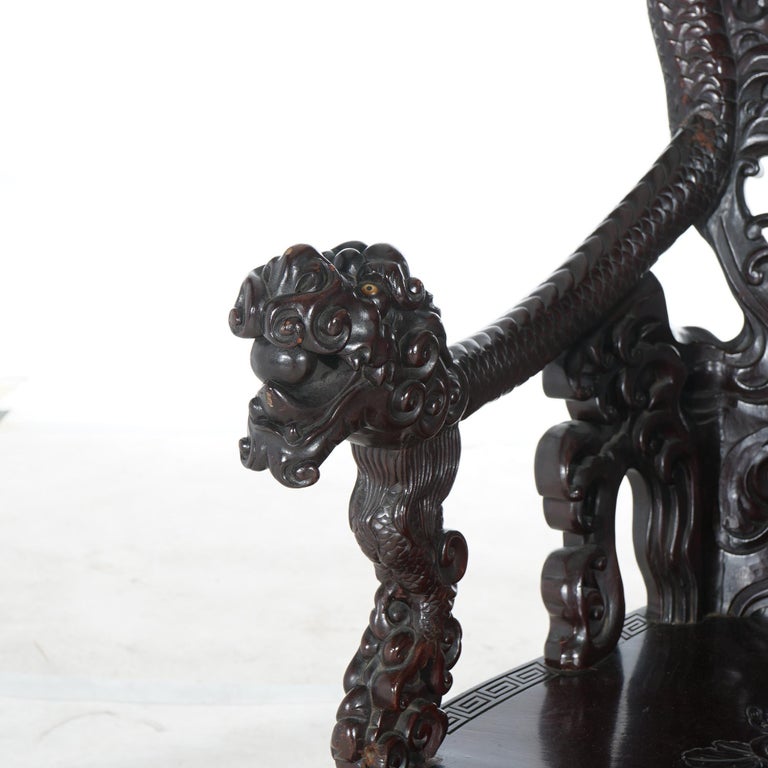 Antique Chinese Deeply Carved Rosewood Figural Queen Chair with Dragons C1920