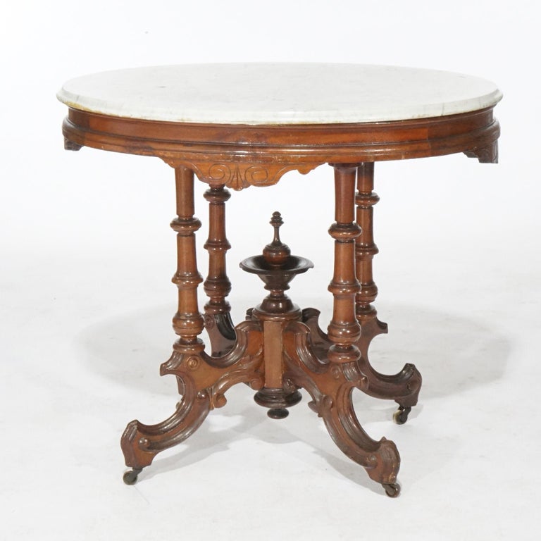 Antique Renaissance Revival Walnut Oval Marble Top Parlor Table, circa 1890