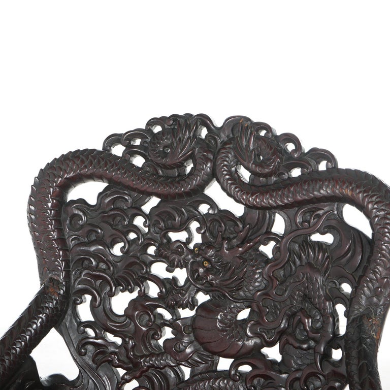 Antique Chinese Deeply Carved Rosewood Figural Queen Chair with Dragons C1920