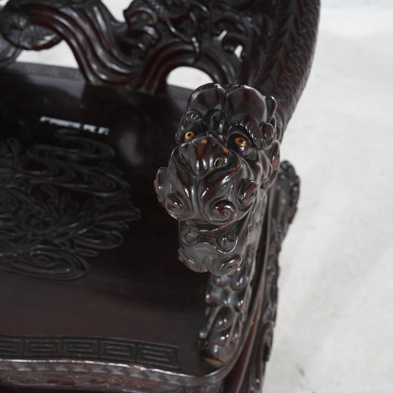 Antique Chinese Deeply Carved Rosewood Figural Queen Chair with Dragons C1920