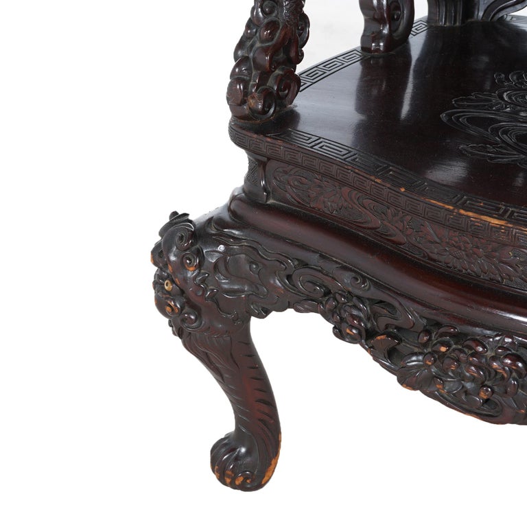 Antique Chinese Deeply Carved Rosewood Figural Queen Chair with Dragons C1920