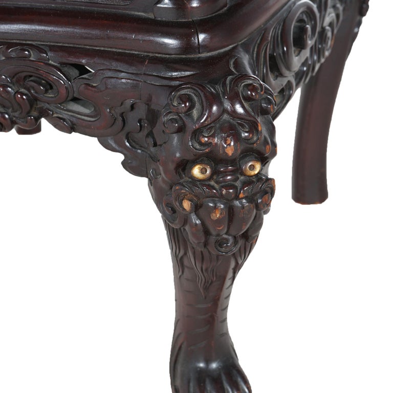 Antique Chinese Deeply Carved Rosewood Figural Queen Chair with Dragons C1920