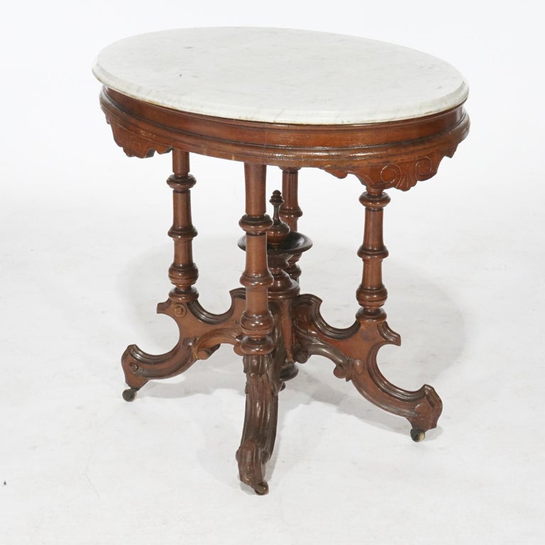 Antique Renaissance Revival Walnut Oval Marble Top Parlor Table, circa 1890