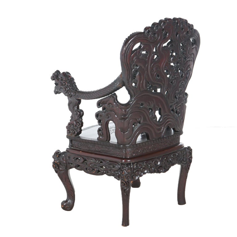Antique Chinese Deeply Carved Rosewood Figural Queen Chair with Dragons C1920