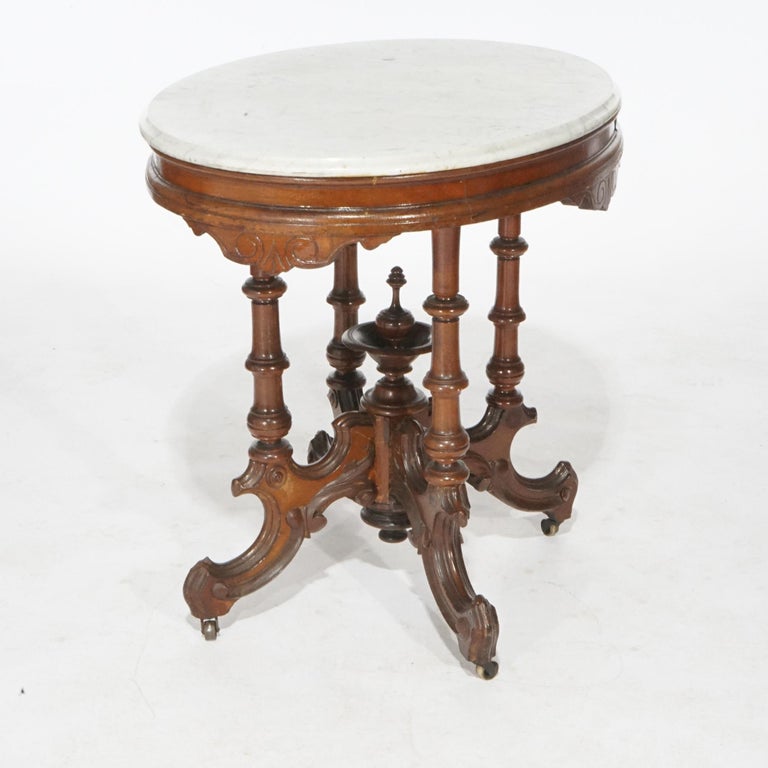 Antique Renaissance Revival Walnut Oval Marble Top Parlor Table, circa 1890