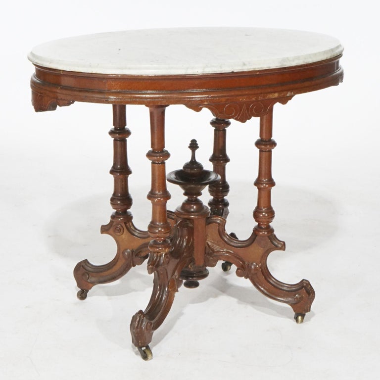 Antique Renaissance Revival Walnut Oval Marble Top Parlor Table, circa 1890
