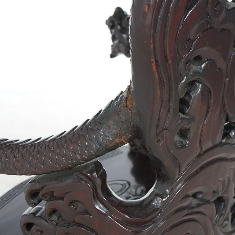 Antique Chinese Deeply Carved Rosewood Figural Queen Chair with Dragons C1920