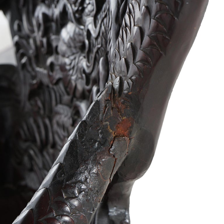 Antique Chinese Deeply Carved Rosewood Figural Queen Chair with Dragons C1920