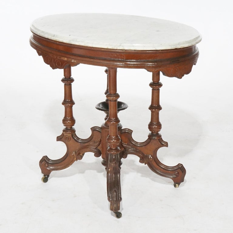 Antique Renaissance Revival Walnut Oval Marble Top Parlor Table, circa 1890