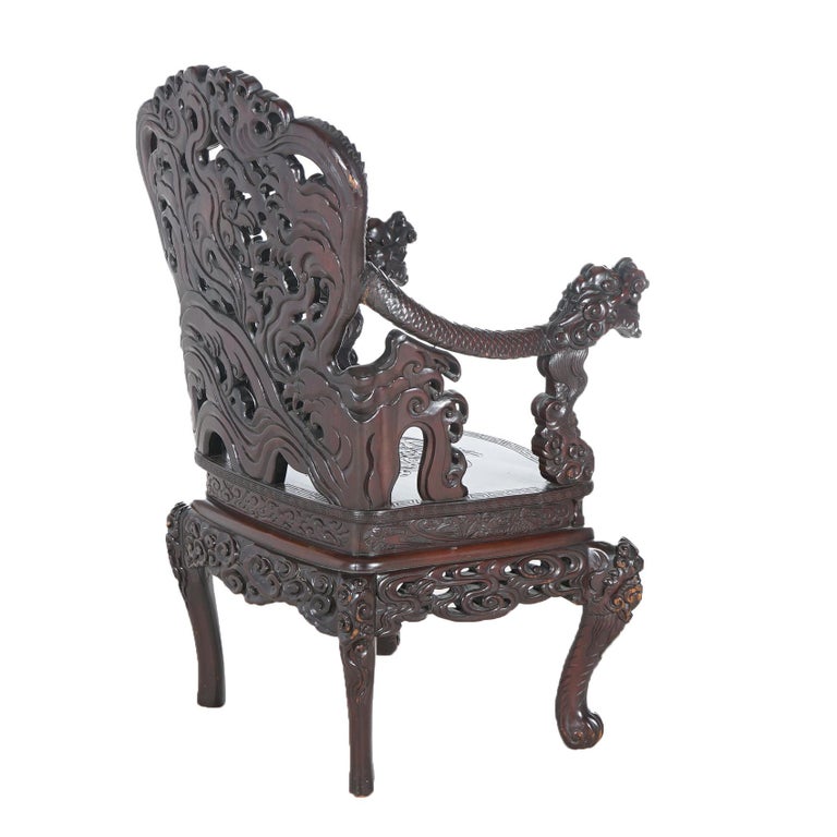 Antique Chinese Deeply Carved Rosewood Figural Queen Chair with Dragons C1920