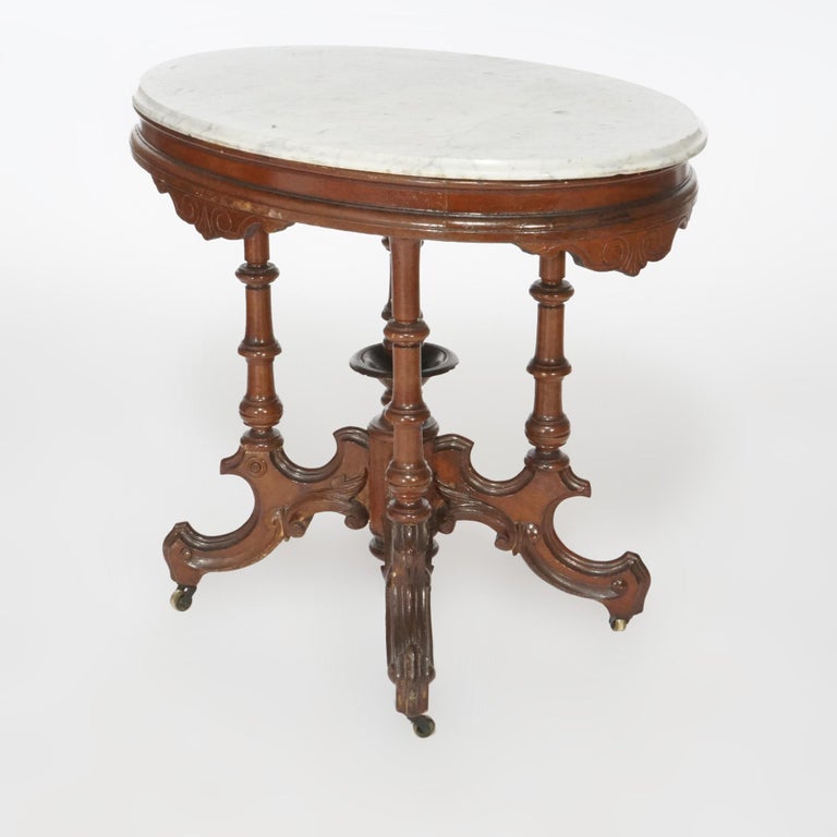 Antique Renaissance Revival Walnut Oval Marble Top Parlor Table, circa 1890