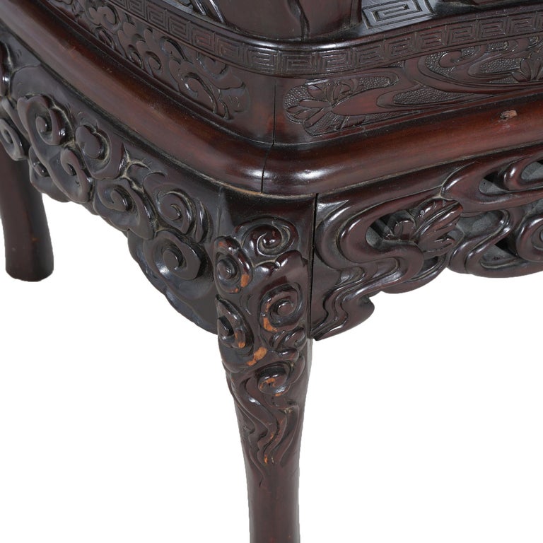Antique Chinese Deeply Carved Rosewood Figural Queen Chair with Dragons C1920