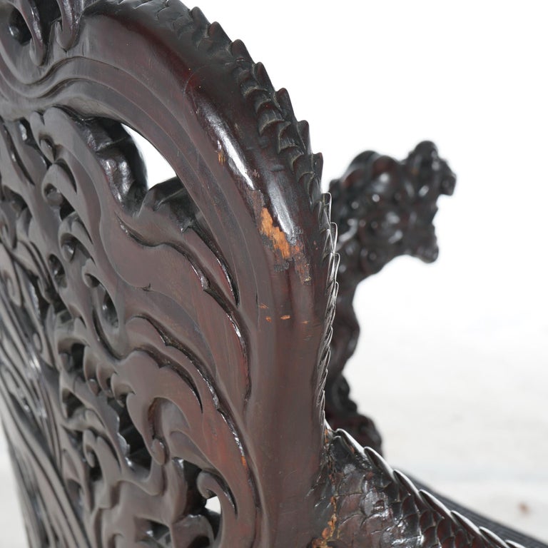 Antique Chinese Deeply Carved Rosewood Figural Queen Chair with Dragons C1920