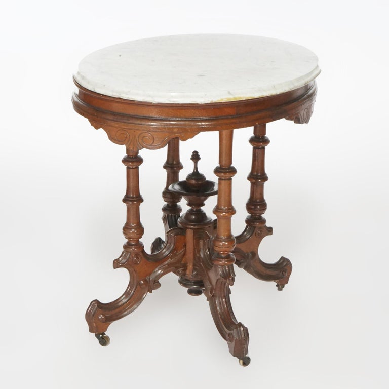 Antique Renaissance Revival Walnut Oval Marble Top Parlor Table, circa 1890