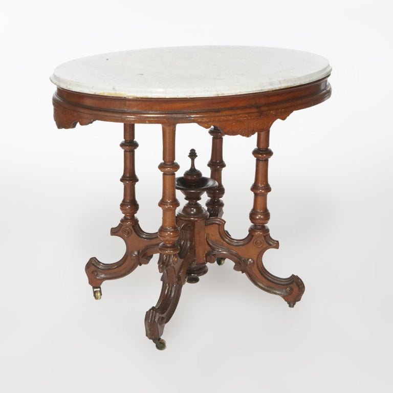 Antique Renaissance Revival Walnut Oval Marble Top Parlor Table, circa 1890