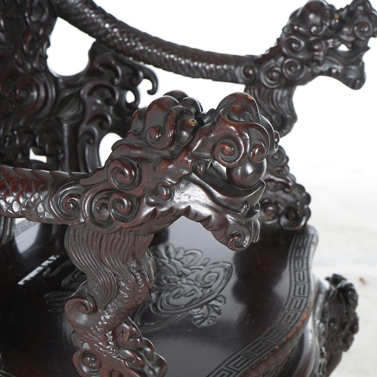 Antique Chinese Deeply Carved Rosewood Figural Queen Chair with Dragons C1920