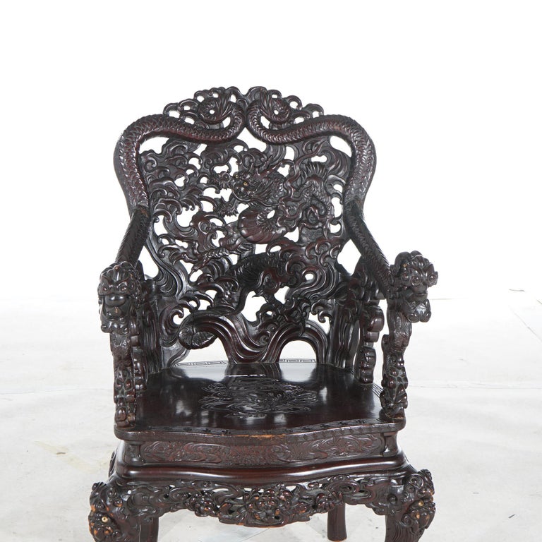 Antique Chinese Deeply Carved Rosewood Figural Queen Chair with Dragons C1920