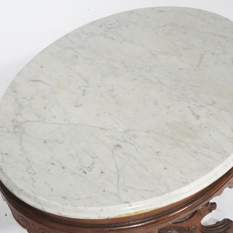 Antique Renaissance Revival Walnut Oval Marble Top Parlor Table, circa 1890