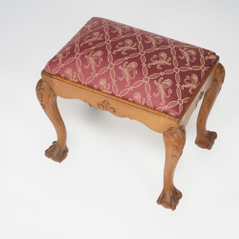 Chippendale Style Carved Oak Claw & Ball Foot Upholstered Bench 20thC