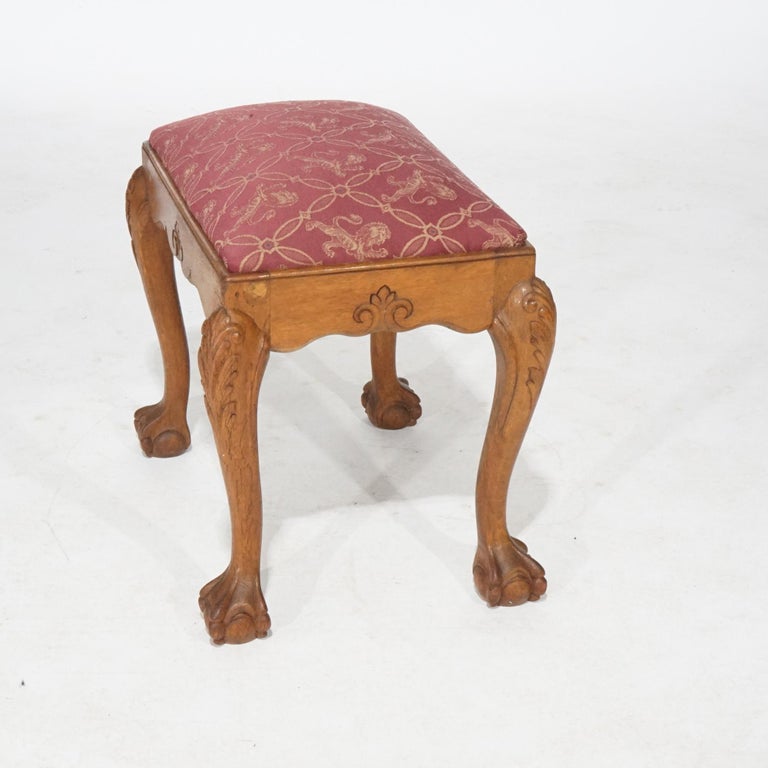 Chippendale Style Carved Oak Claw & Ball Foot Upholstered Bench 20thC