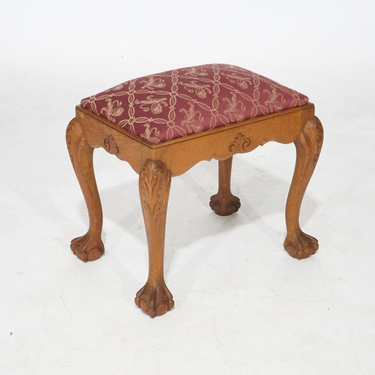 Chippendale Style Carved Oak Claw & Ball Foot Upholstered Bench 20thC