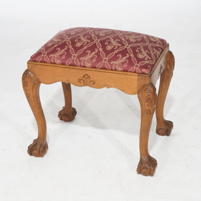 Chippendale Style Carved Oak Claw & Ball Foot Upholstered Bench 20thC