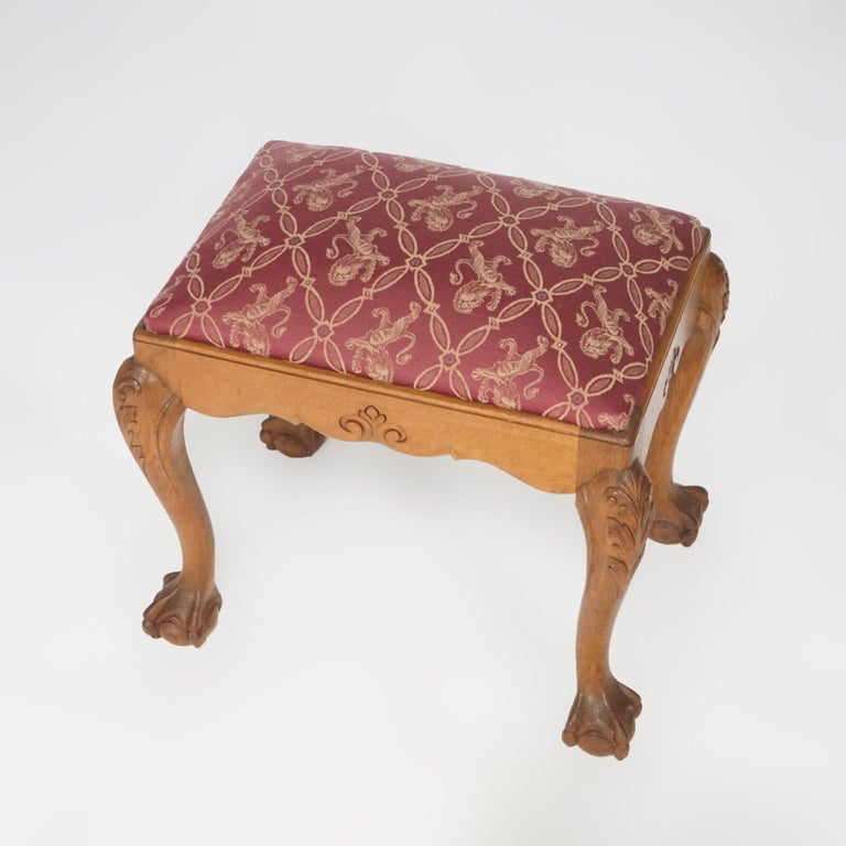 Chippendale Style Carved Oak Claw & Ball Foot Upholstered Bench 20thC