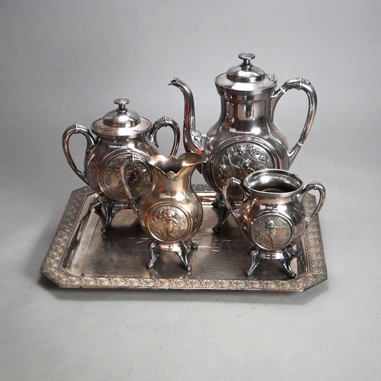 Antique Five Piece Bailey & Brainard Egyptian Revival Silver Plate Tea Set C1890