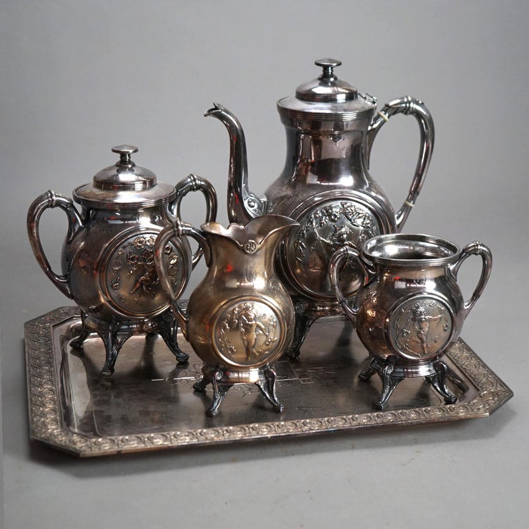 Antique Five Piece Bailey & Brainard Egyptian Revival Silver Plate Tea Set C1890