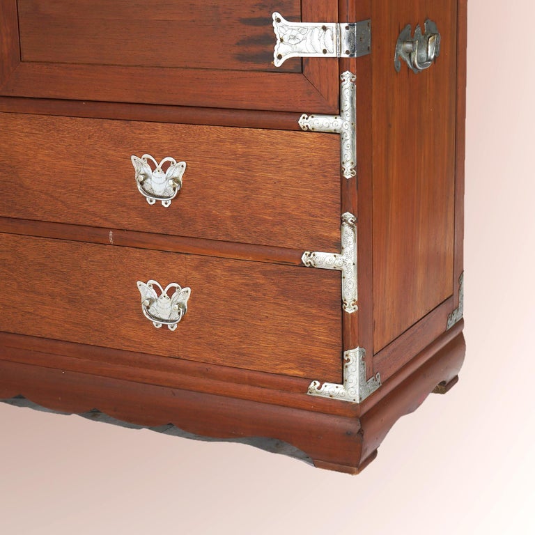 Japanese Mahogany Wedding Cabinet with Embossed & Butterfly Hardware C1930