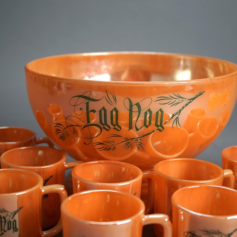 13 Piece Orange Luster Glass Eggnog Punch Bowl Set C1930