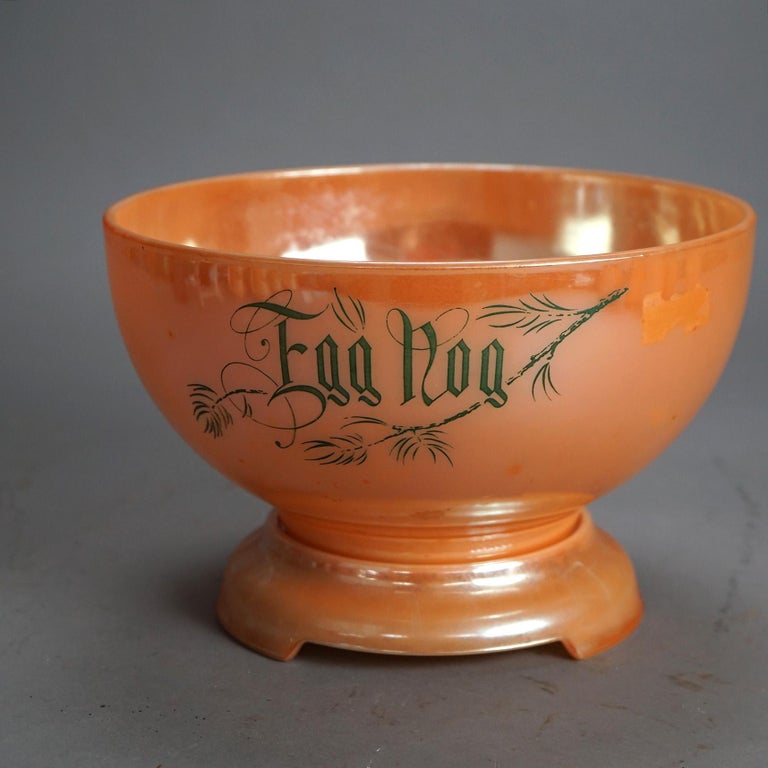 13 Piece Orange Luster Glass Eggnog Punch Bowl Set C1930