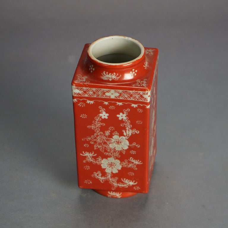 Antique Chinese Porcelain Vase, Orange with Floral Design C1920