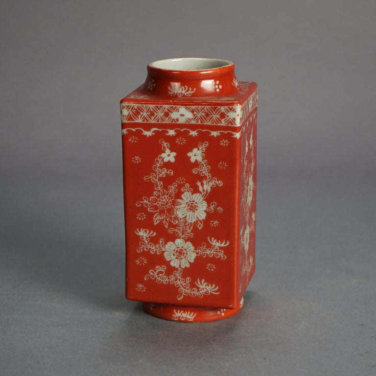 Antique Chinese Porcelain Vase, Orange with Floral Design C1920