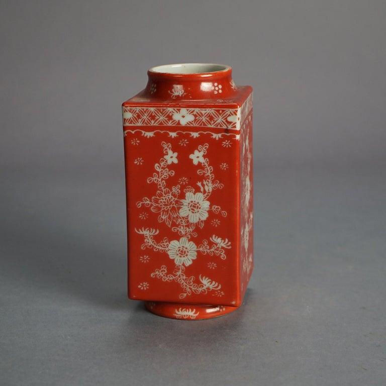 Antique Chinese Porcelain Vase, Orange with Floral Design C1920