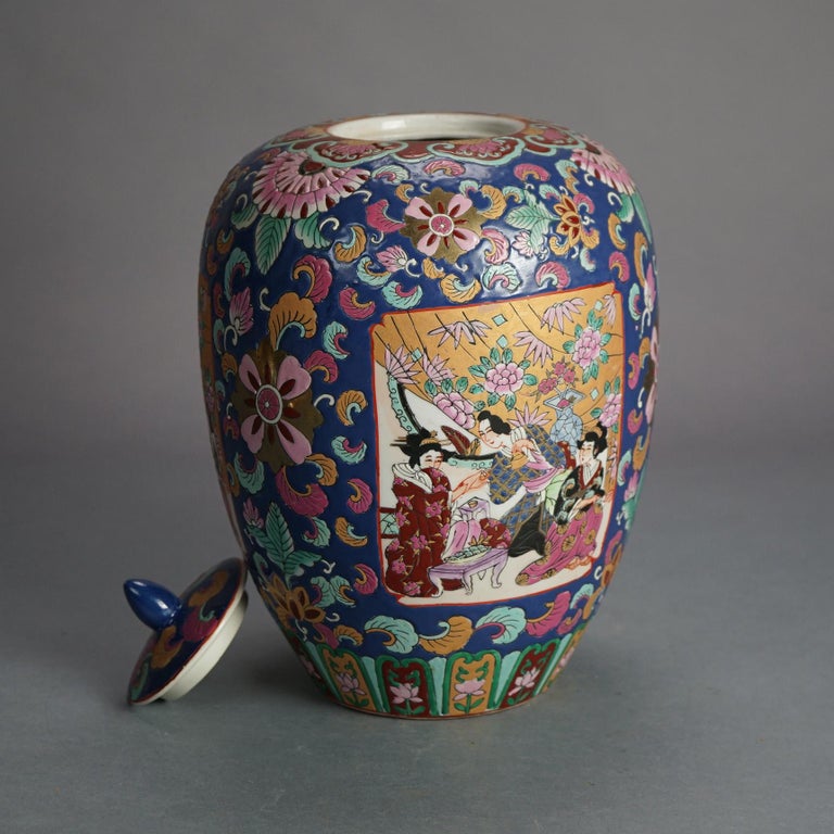 Chinese Enameled Porcelain Lidded Jar with Genre Scene & Garden Flowers 20thC