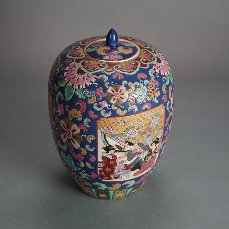 Chinese Enameled Porcelain Lidded Jar with Genre Scene & Garden Flowers 20thC
