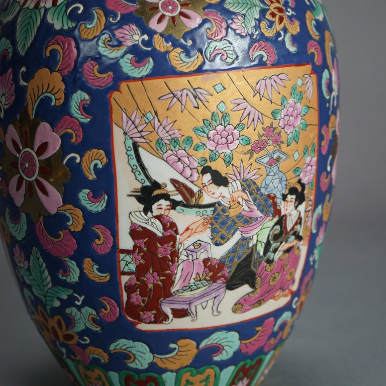 Chinese Enameled Porcelain Lidded Jar with Genre Scene & Garden Flowers 20thC