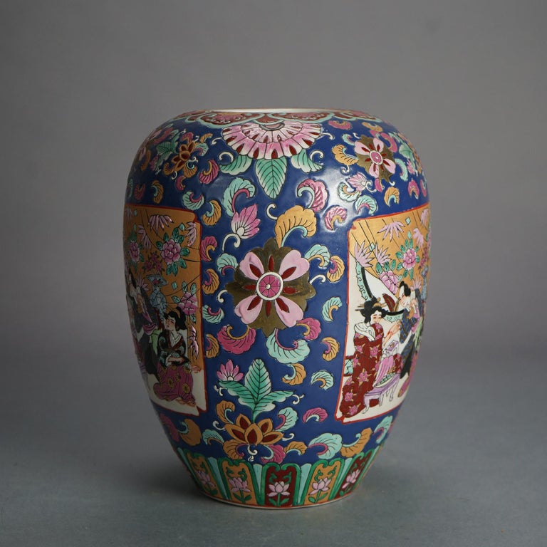 Chinese Enameled Porcelain Lidded Jar with Genre Scene & Garden Flowers 20thC